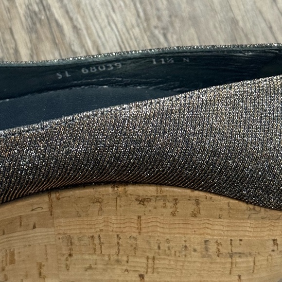 Stuart Weitzman • Anna Metallic Peep Toe Cork Platform Wedge Heels - Picture 5 of 15